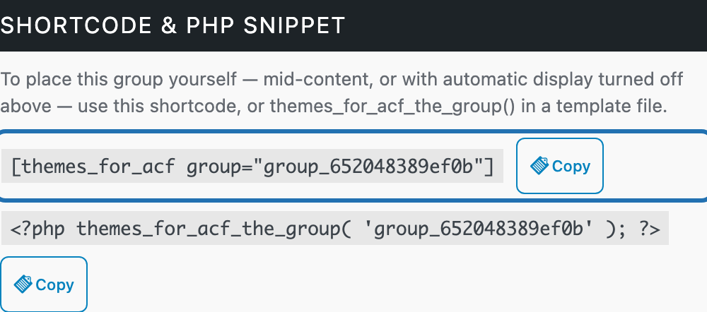 Shortcode & PHP Snippet section in the Design tab sidebar
