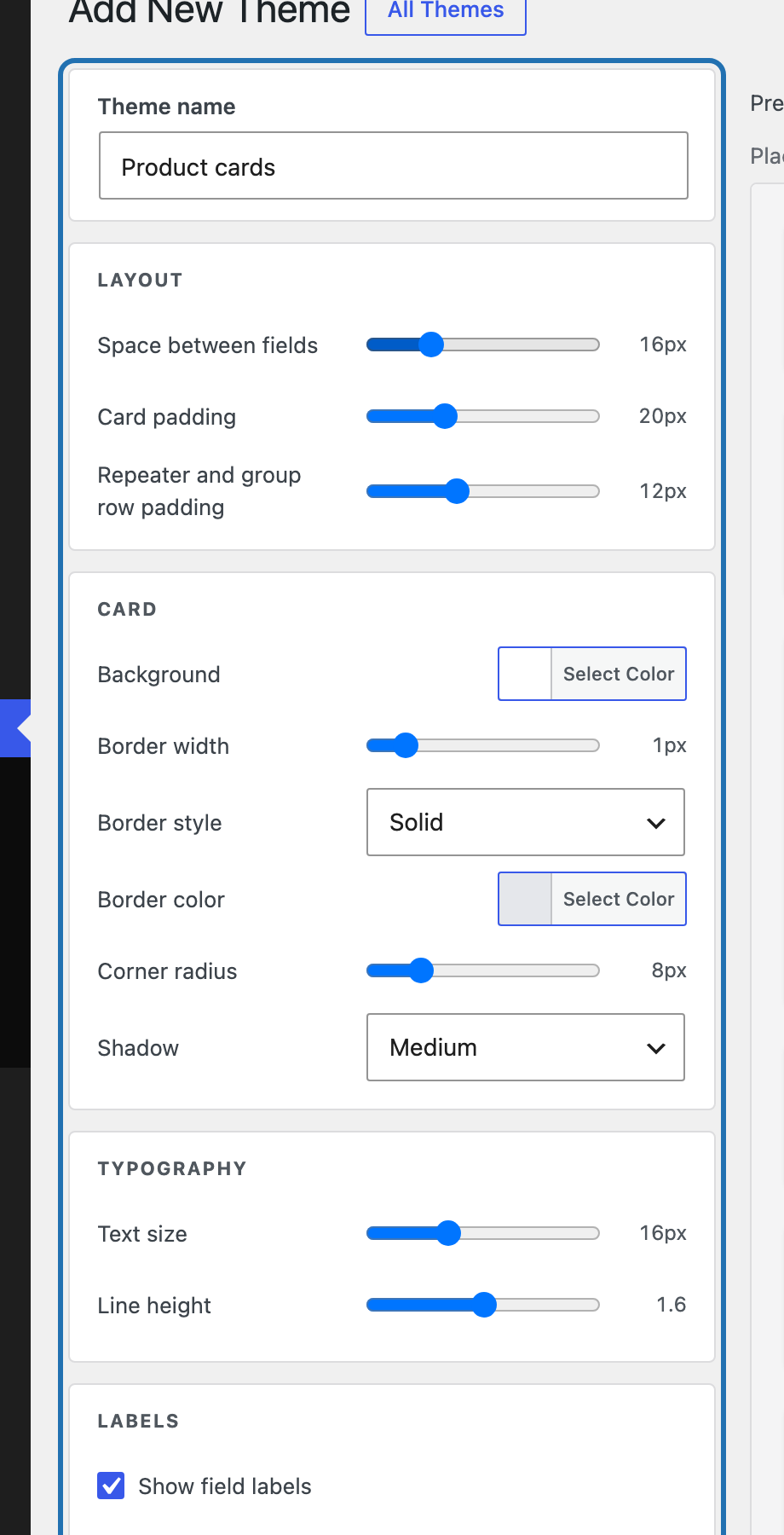 Theme settings in the theme editor