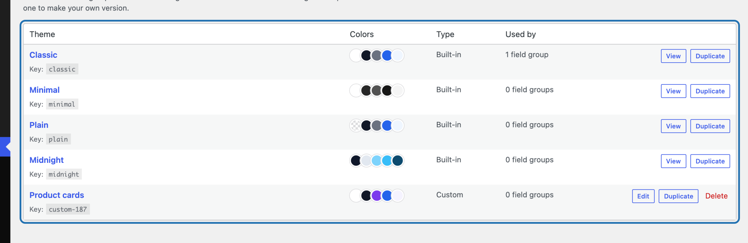 Themes list under ACF