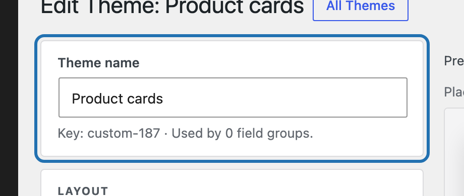 Theme name and usage in the theme editor