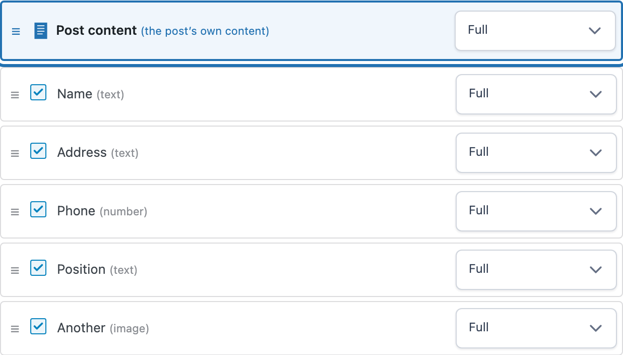 Post content row in the Custom fields list