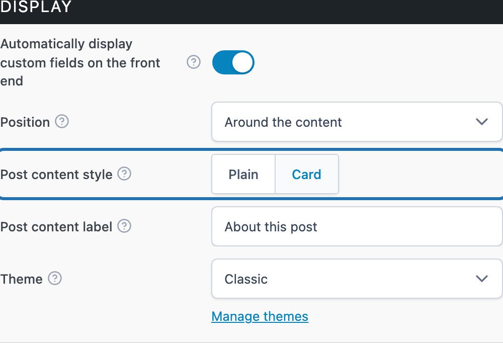 Post content style and label settings in the Display section