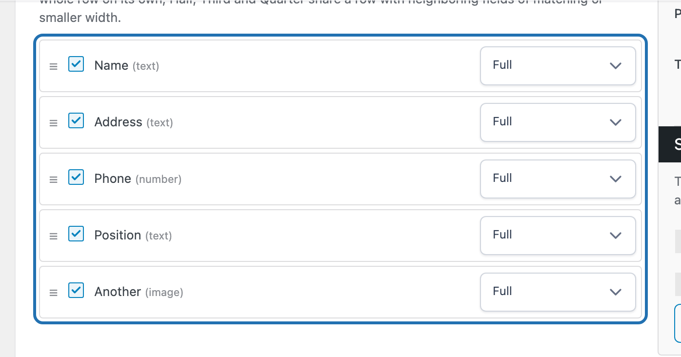 Custom fields list in the Design tab