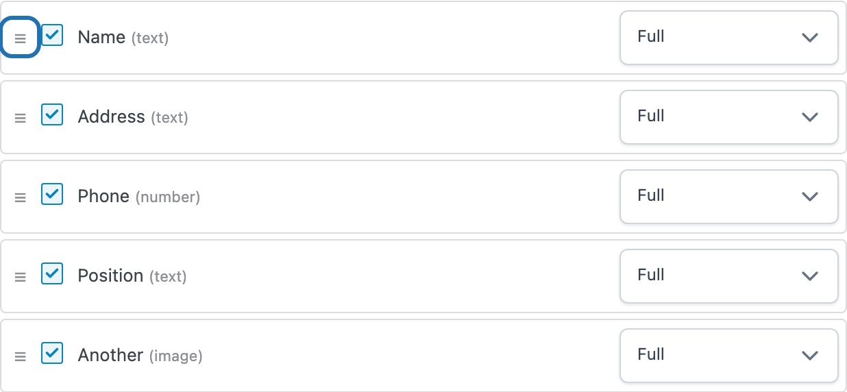 Drag handle on a field row in the Custom fields list