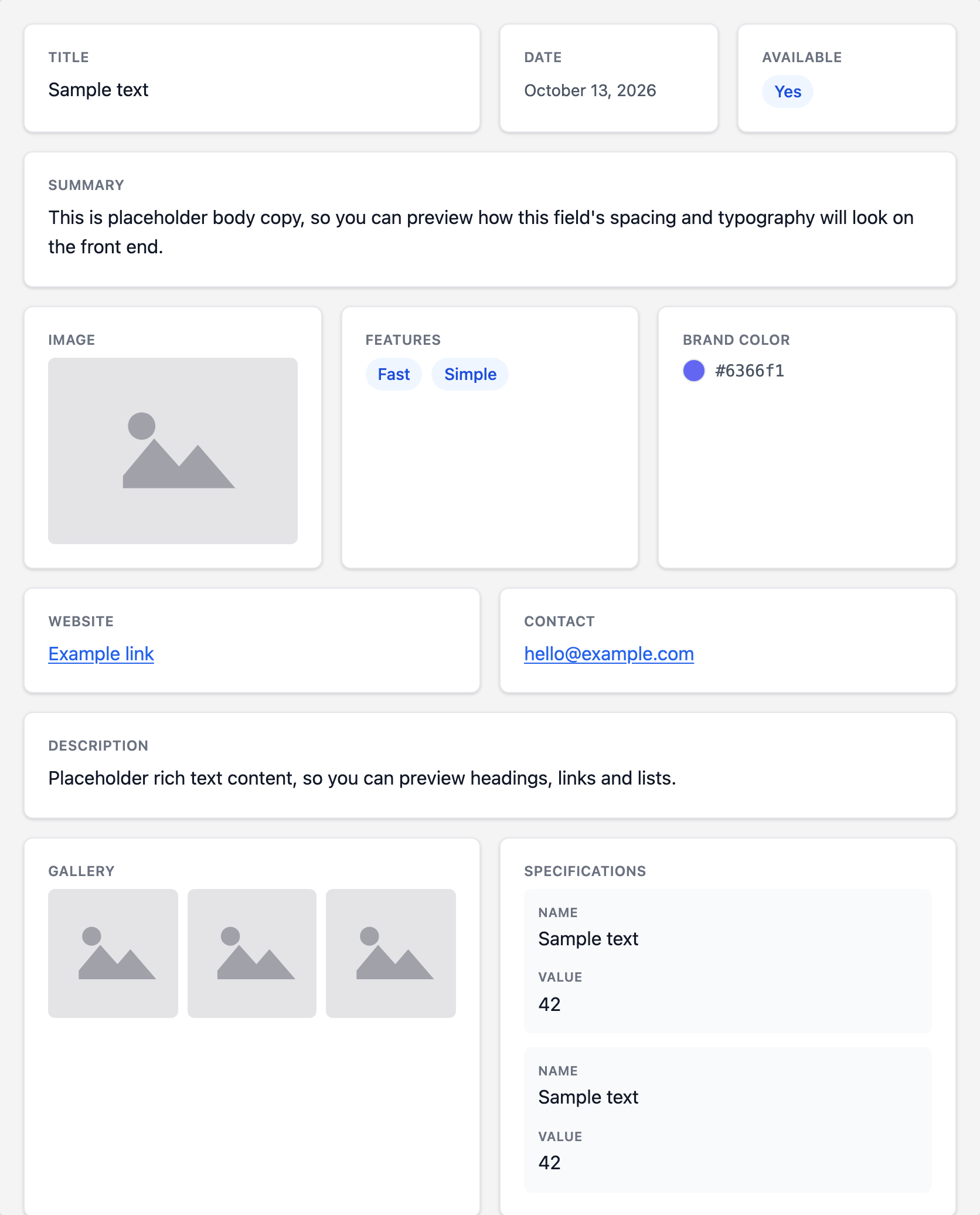 Sample content with every field type in the theme preview