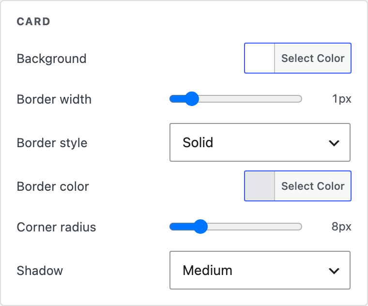 Card settings in the theme editor