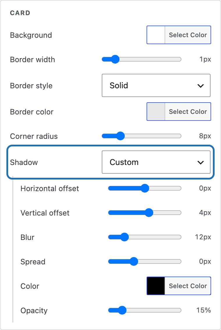 Custom shadow settings in the theme editor