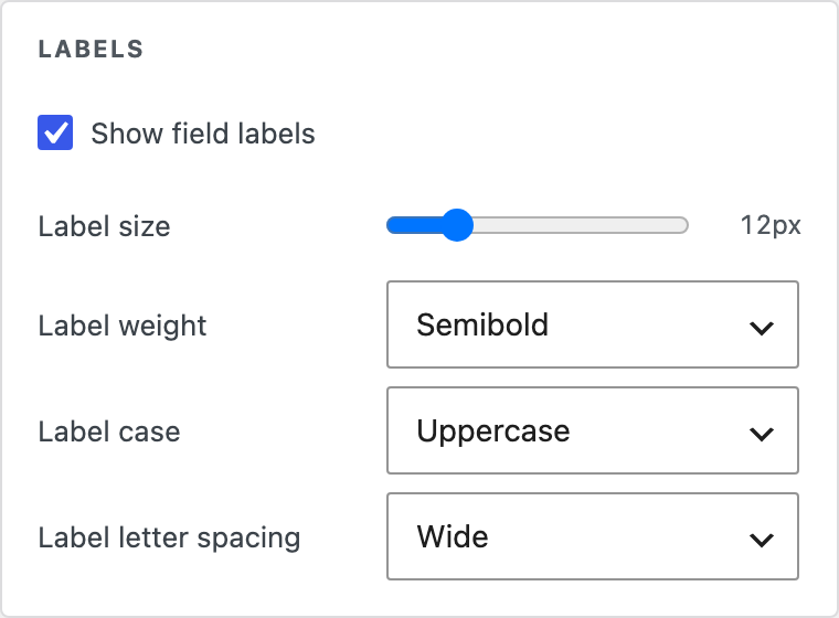 Labels settings in the theme editor