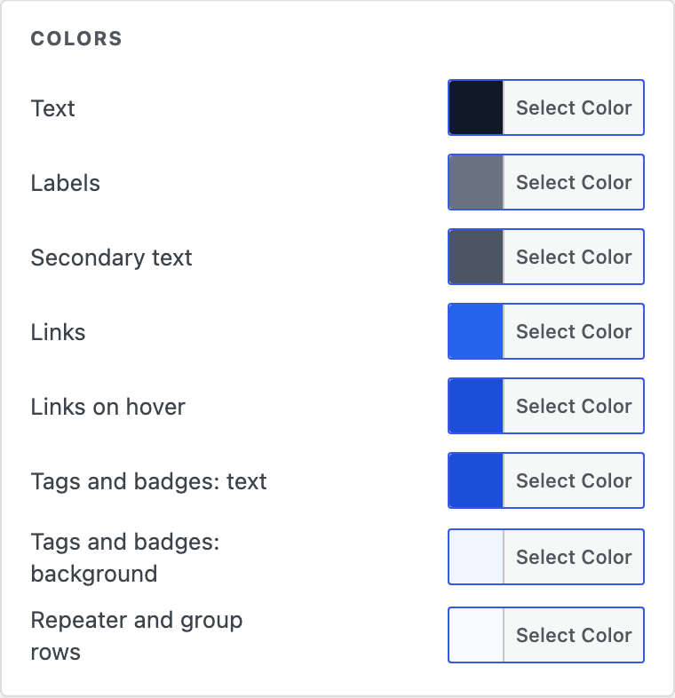 Colors settings in the theme editor
